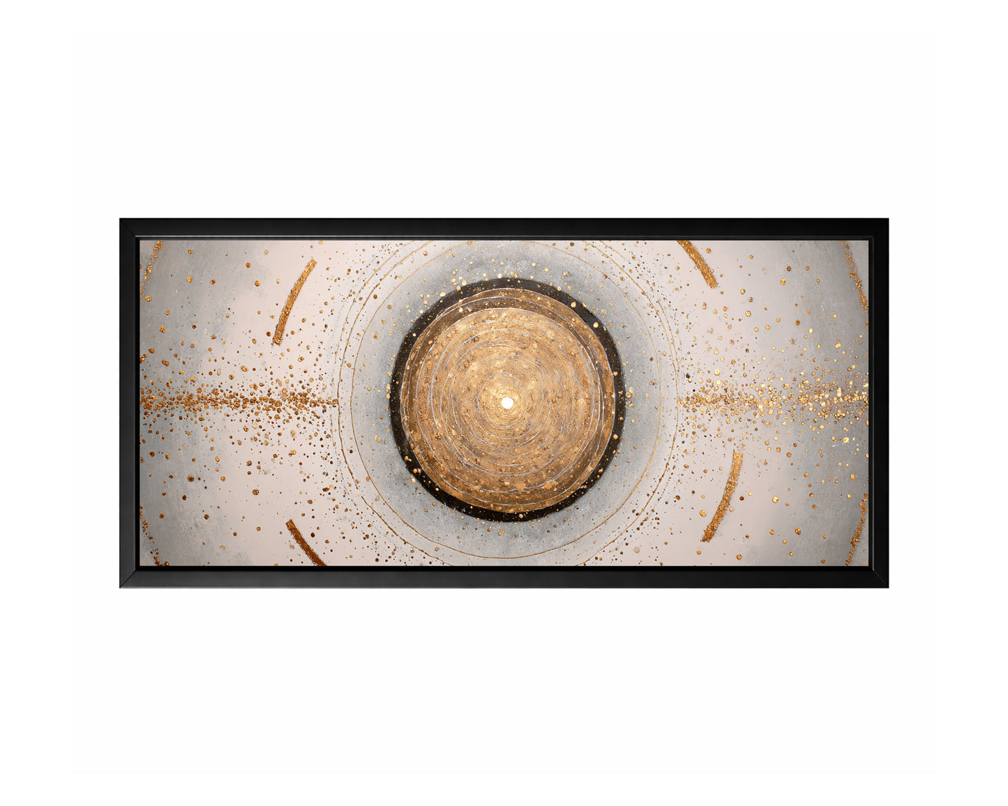 Gold abstract circle wall art with concentric rings, gray texture, ivory space, and scattered metallic speckles.