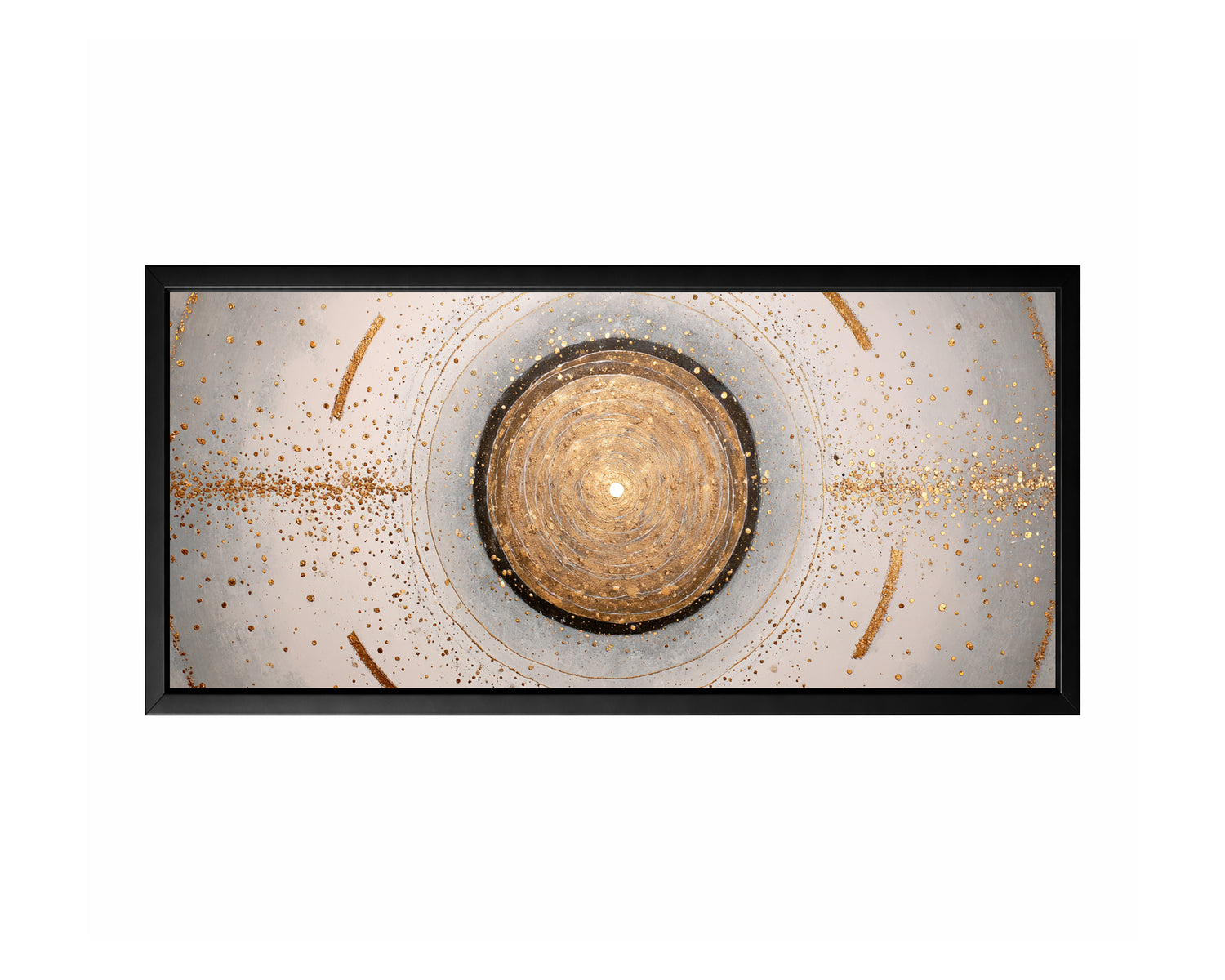 Gold abstract circle wall art with concentric rings, gray texture, ivory space, and scattered metallic speckles.