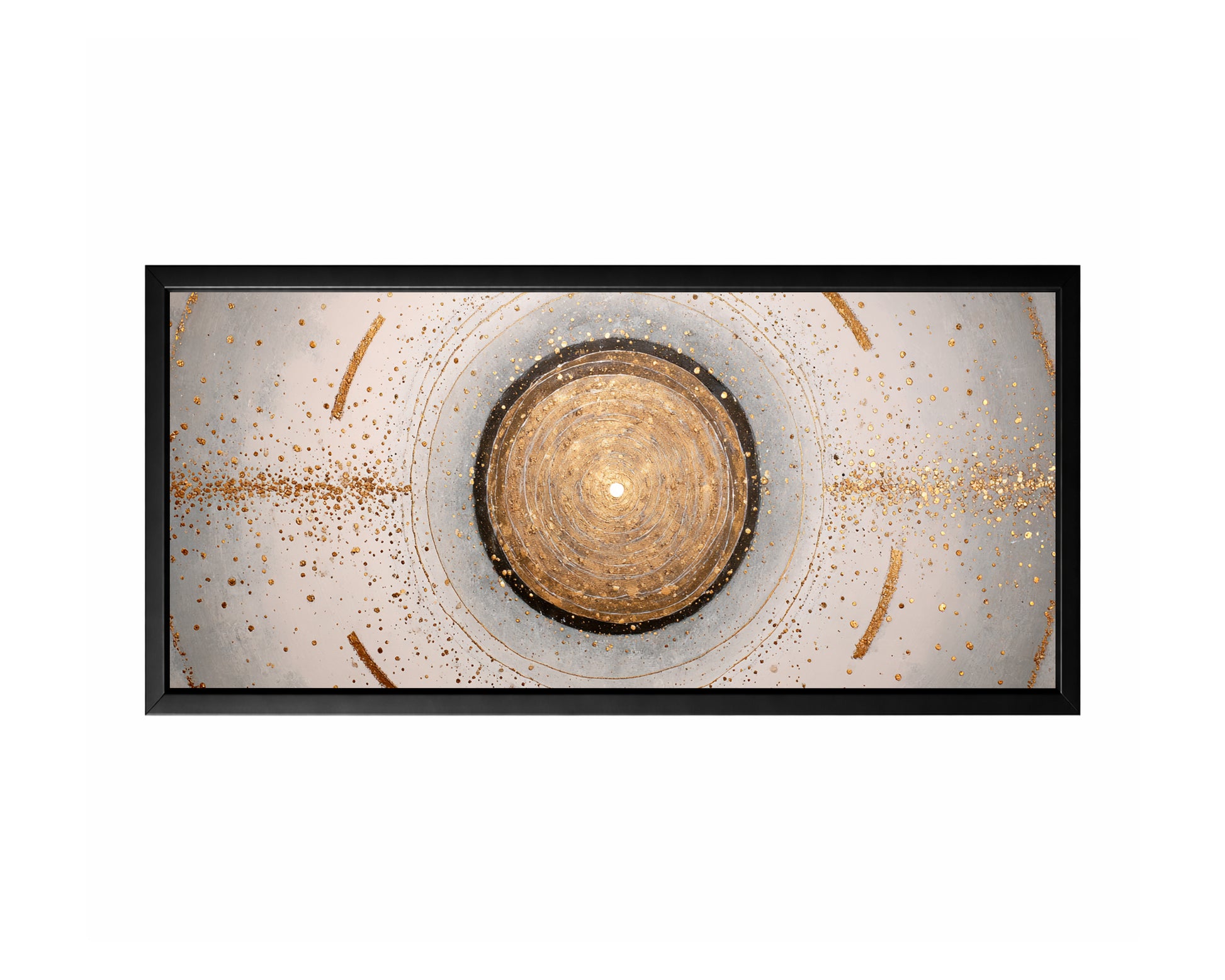 Gold abstract circle wall art with concentric rings, gray texture, ivory space, and scattered metallic speckles.