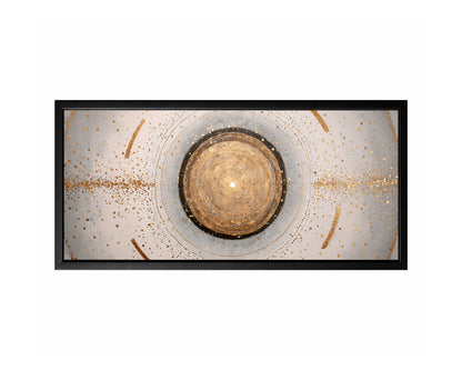 Gold abstract circle wall art with concentric rings, gray texture, ivory space, and scattered metallic speckles.