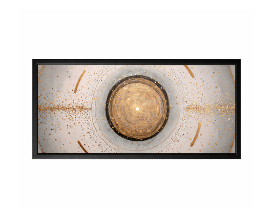 Gold abstract circle wall art with concentric rings, gray texture, ivory space, and scattered metallic speckles.