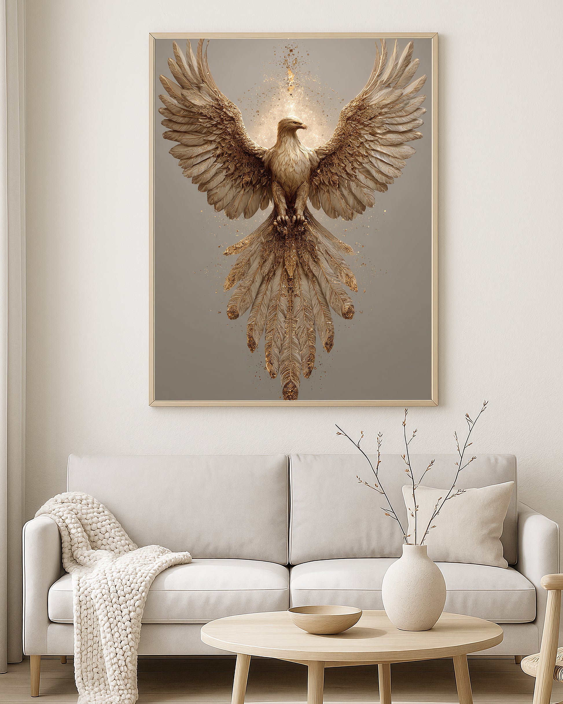 Powerful eagle artwork showing open wings, layered feathers, glowing gold accents, and neutral background.