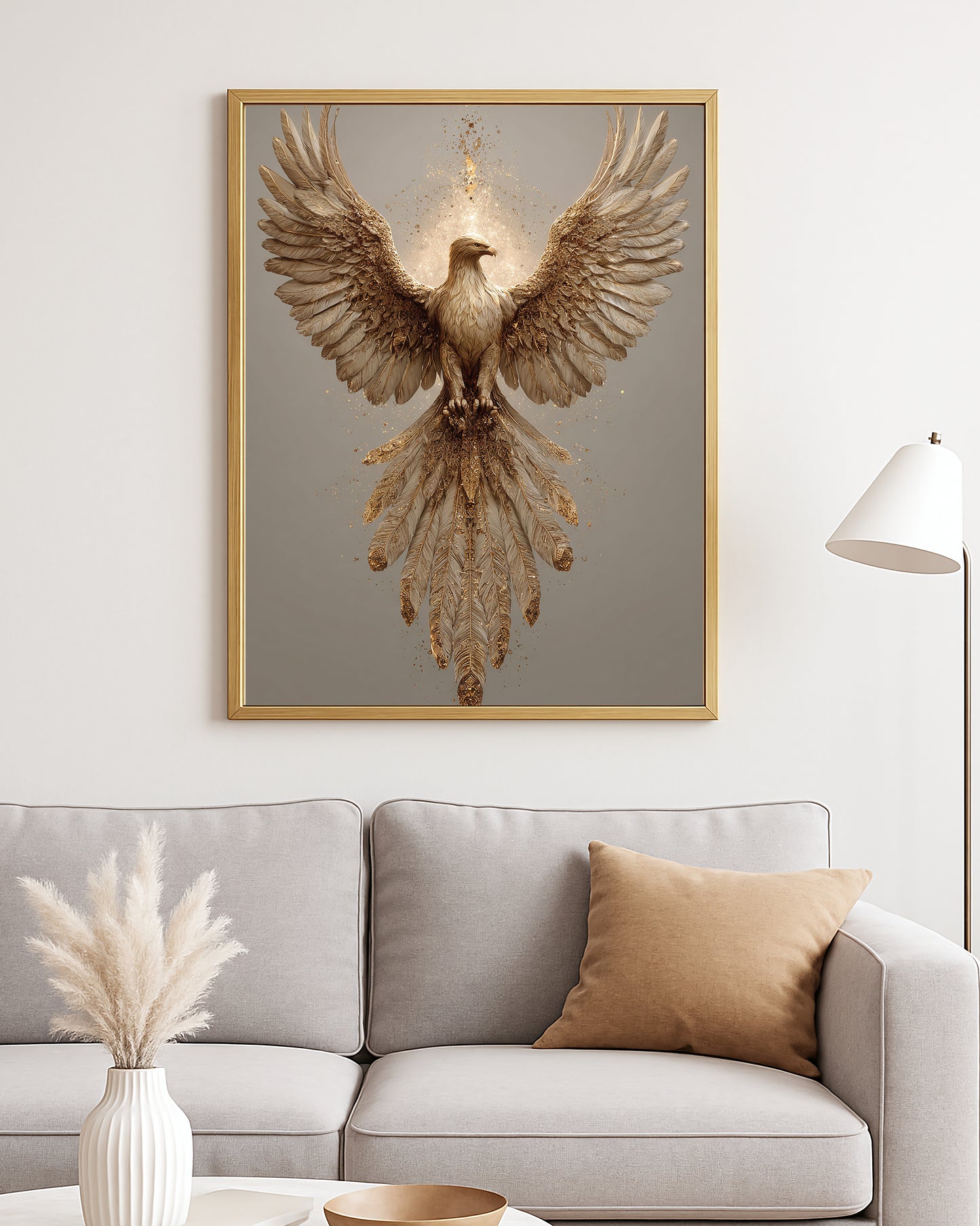 Majestic bird wall art featuring a golden eagle with symmetrical wings and dramatic textured detail.