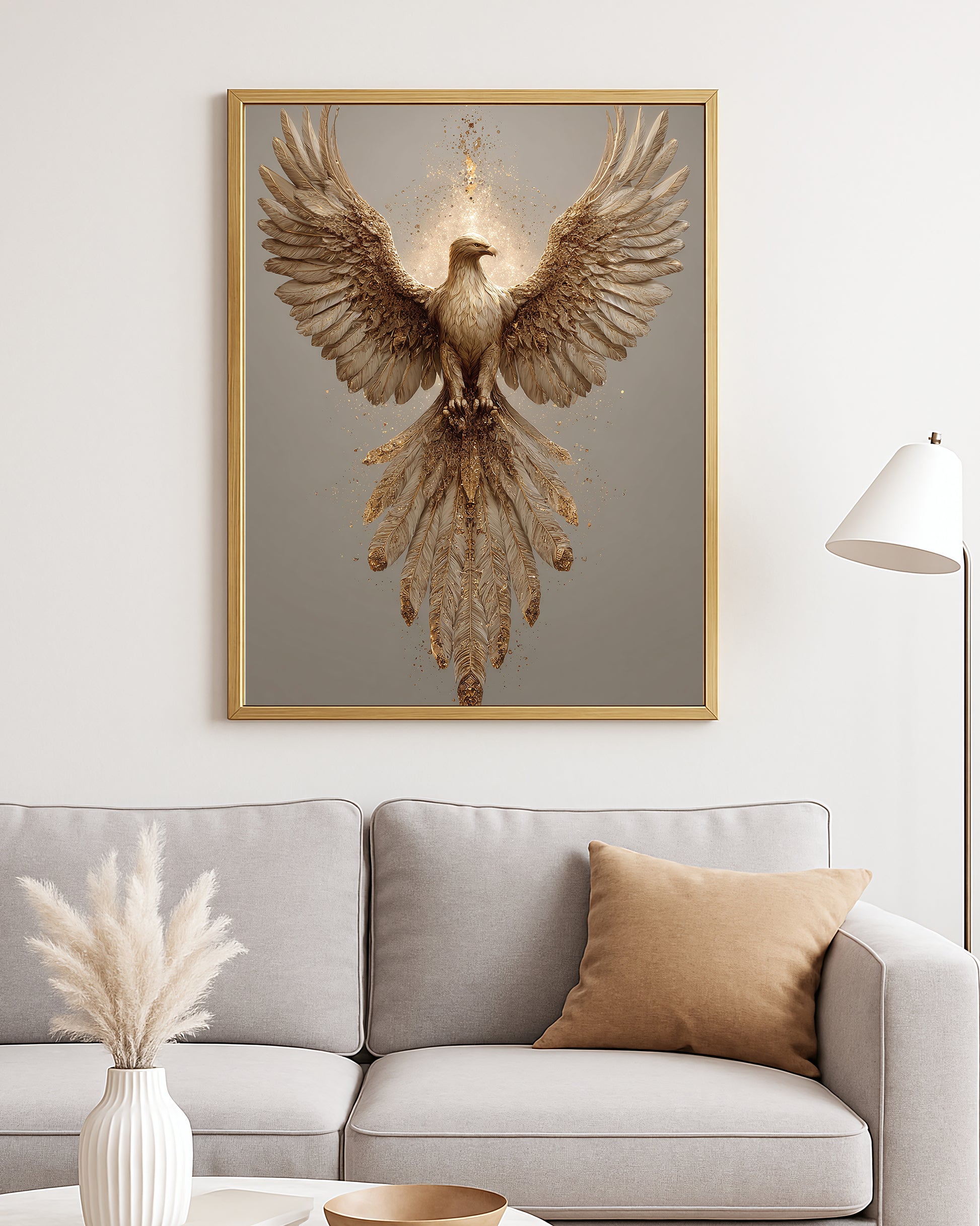 Majestic bird wall art featuring a golden eagle with symmetrical wings and dramatic textured detail.