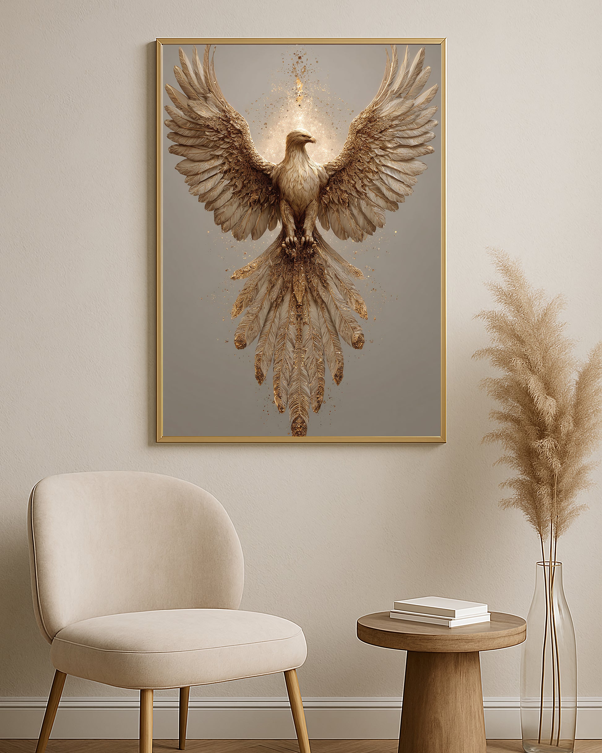 Wildlife print with an eagle spreading its wings, warm gold particles, and refined neutral composition.