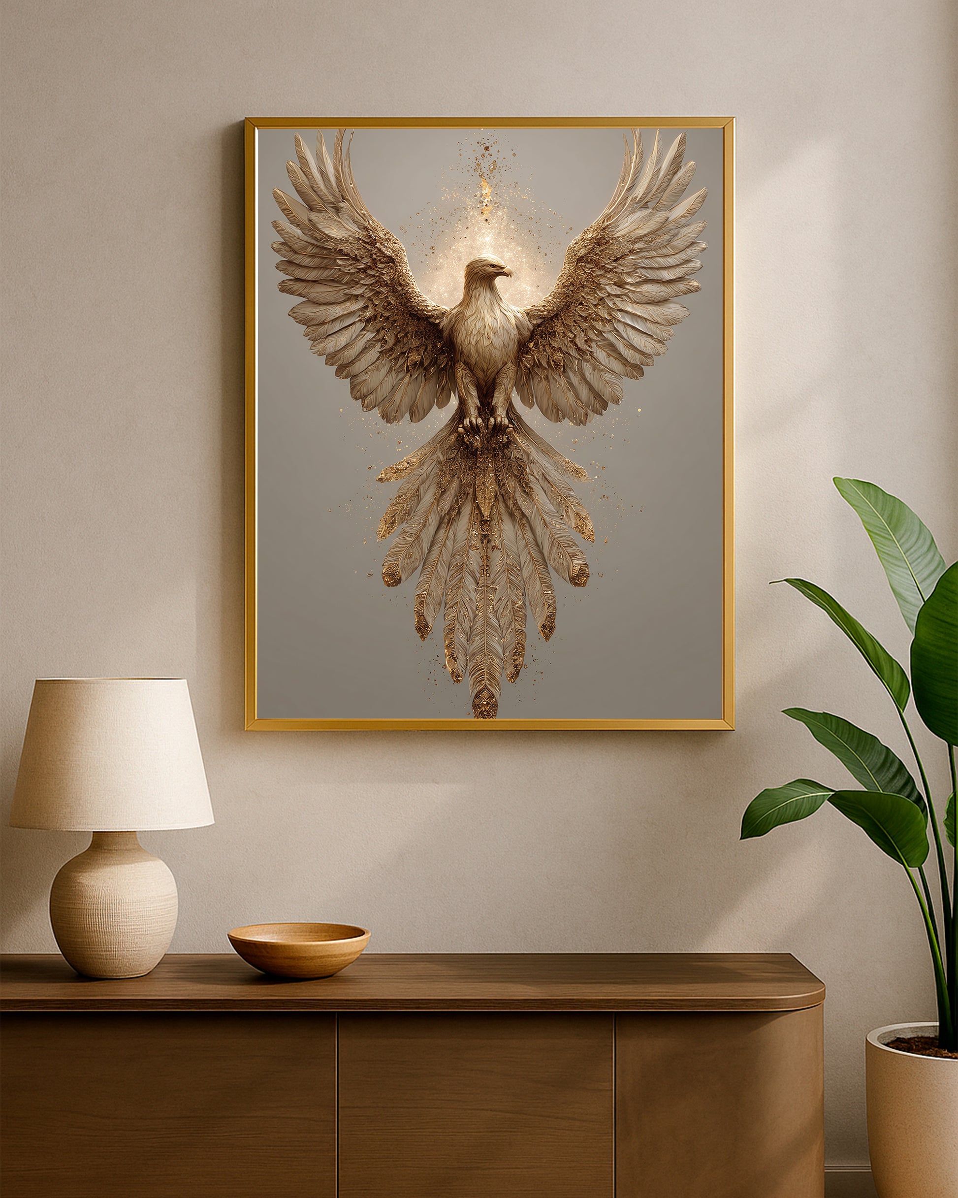 Symbolic eagle wall art with large open wings, ivory feathers, bronze-gold texture, and bold focal presence.