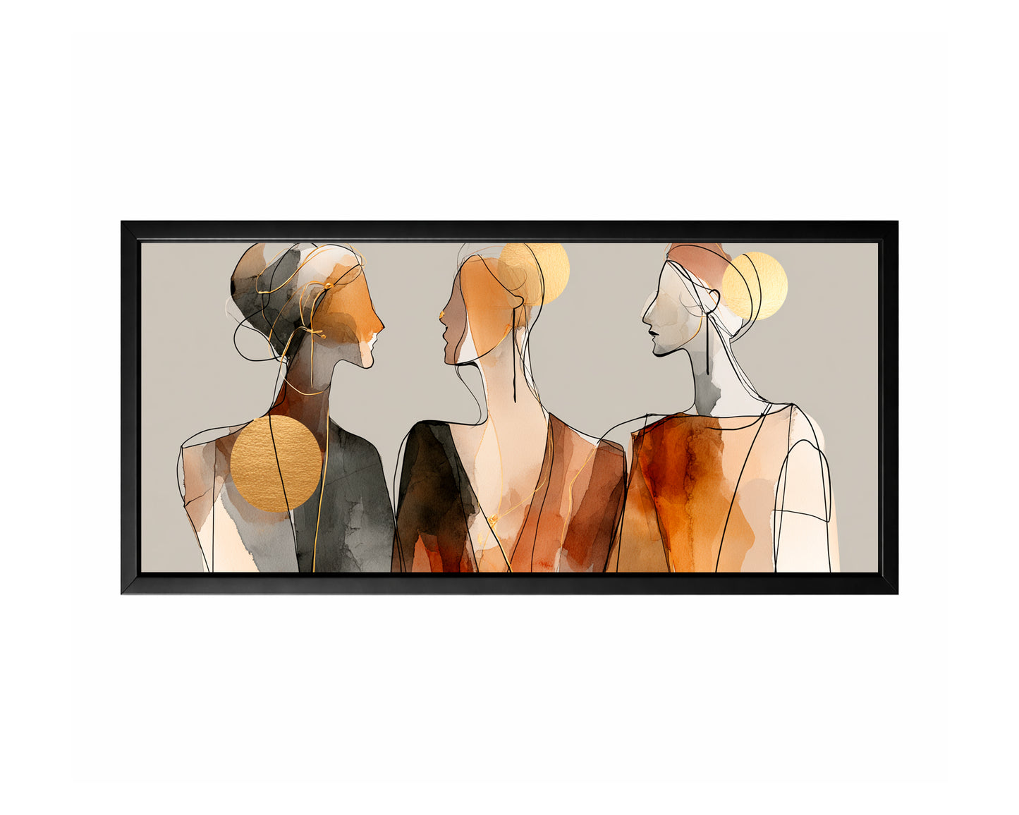 Panoramic female profile wall art with three elegant figures, warm brown washes, black linework, and gold circles.