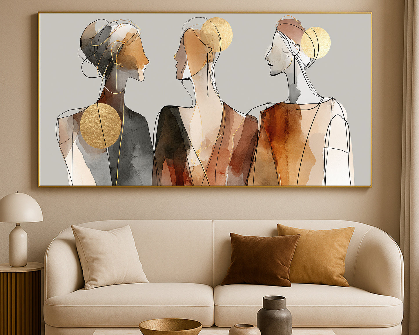 Abstract portrait artwork showing three feminine profiles in brown, black, gray, beige, and metallic gold.