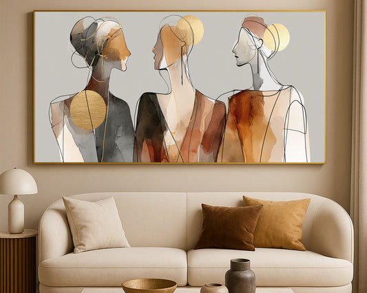 Abstract portrait artwork showing three feminine profiles in brown, black, gray, beige, and metallic gold.