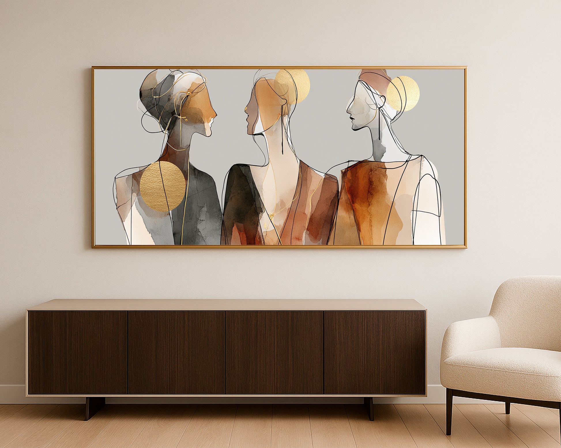 Wide neutral female line art with profile faces, watercolor textures, and circular gold accents.