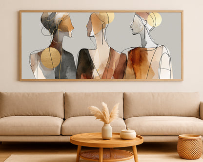 Contemporary portrait wall art featuring three women in profile with warm earth tones and fine black lines.