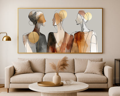 Elegant feminine profile artwork with layered watercolor shapes, soft gray shadows, and gold abstract details.