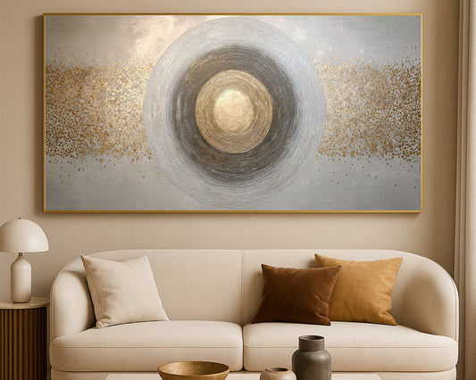 Panoramic geometric abstract print with a large circular form and soft neutral gold texture.