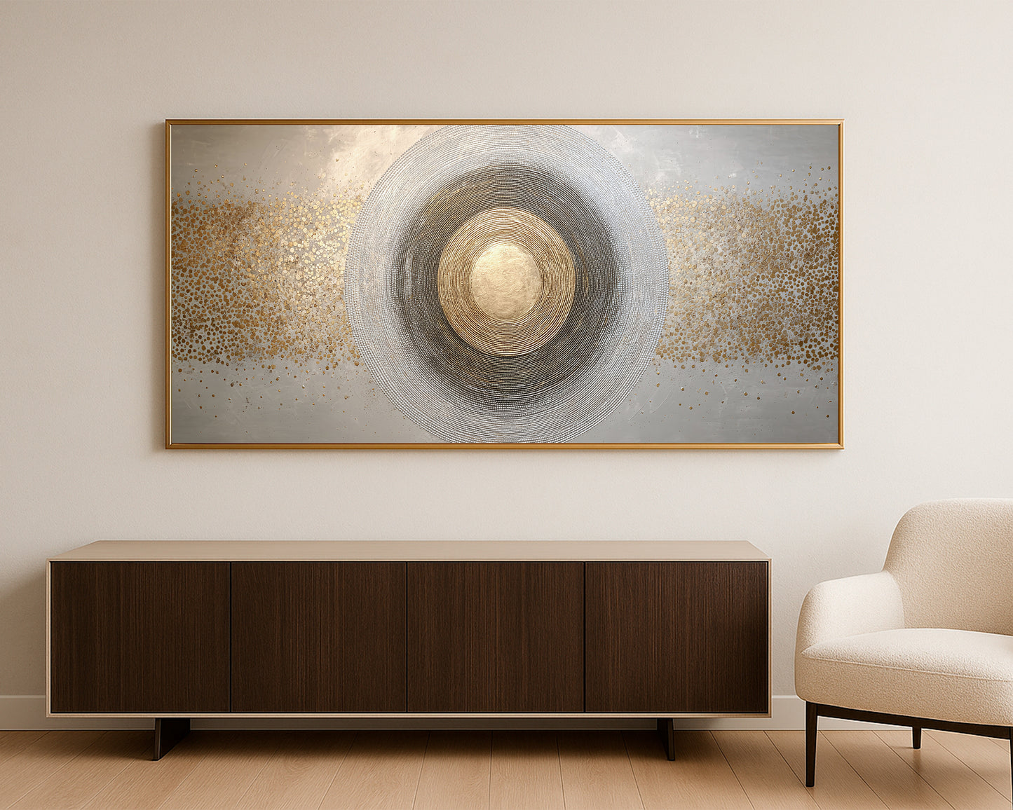 Modern abstract circle artwork featuring gold center detail, silver gray rings, and wide textured background.