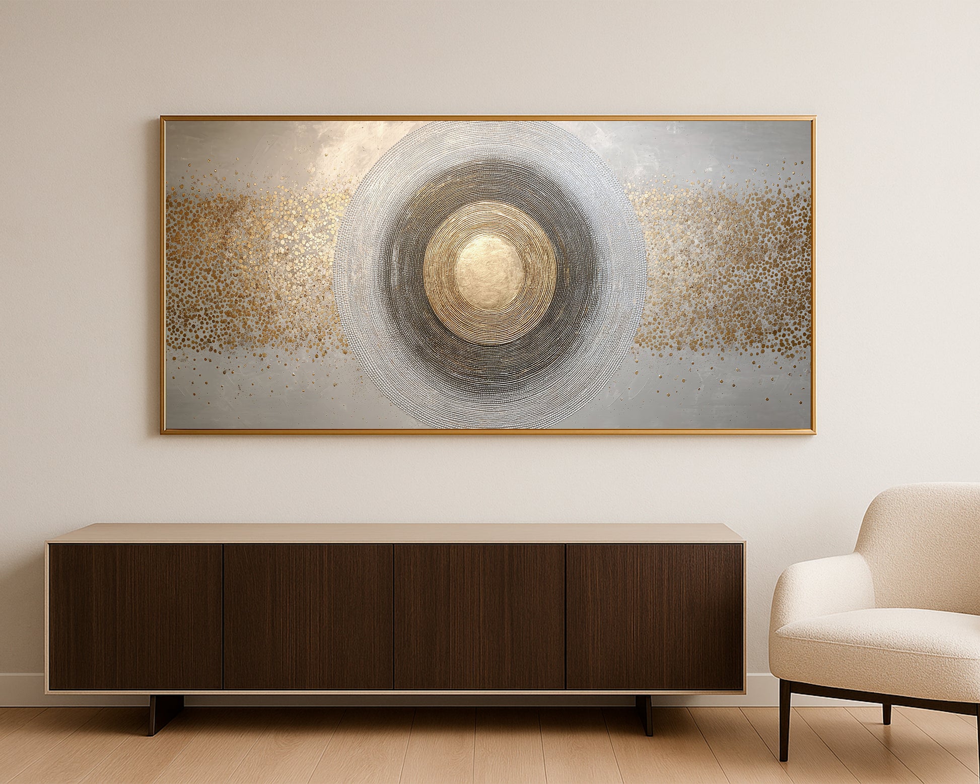 Modern abstract circle artwork featuring gold center detail, silver gray rings, and wide textured background.