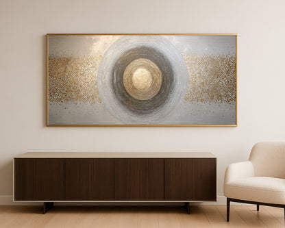 Modern abstract circle artwork featuring gold center detail, silver gray rings, and wide textured background.