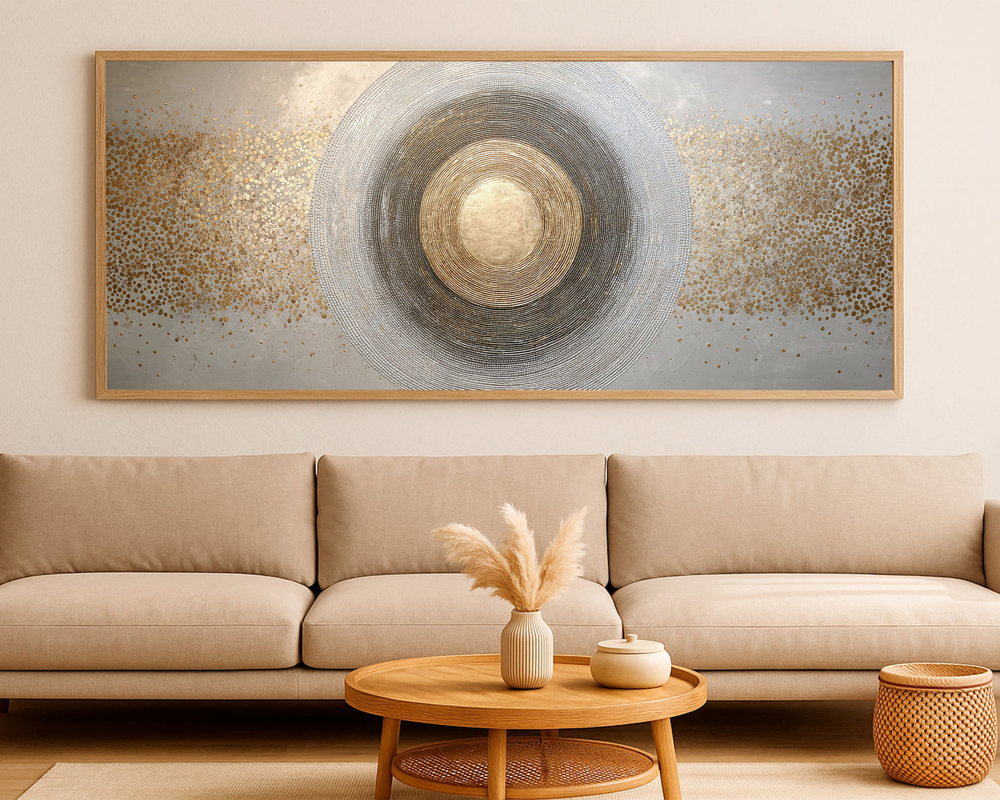 Wide neutral wall art with concentric circular lines, gold highlights, and soft gray atmosphere.