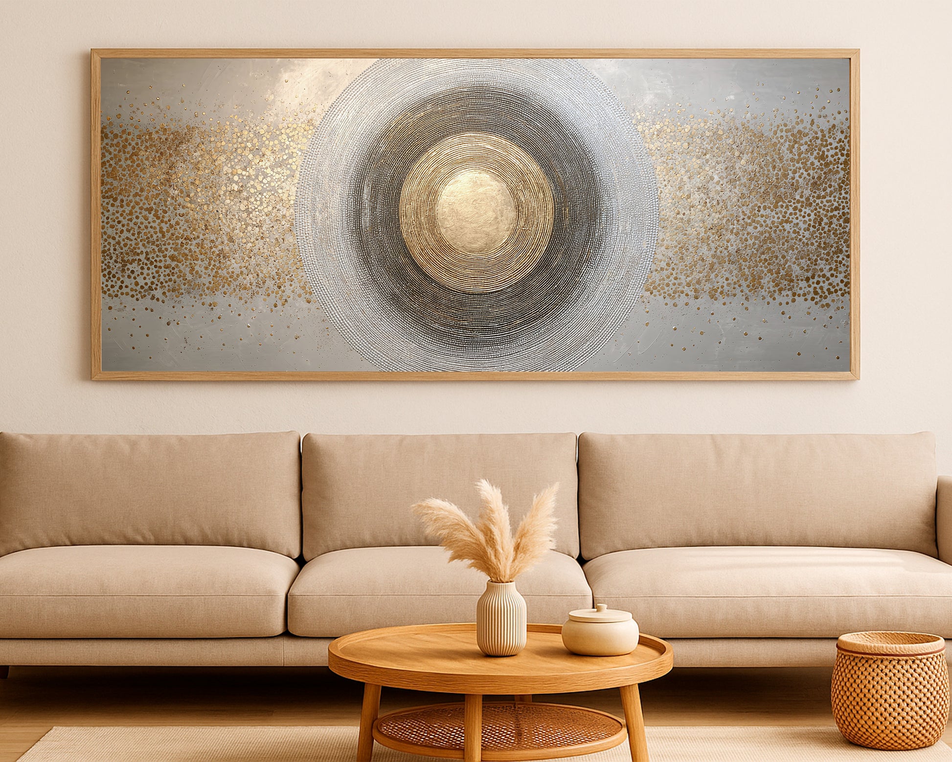 Wide neutral wall art with concentric circular lines, gold highlights, and soft gray atmosphere.