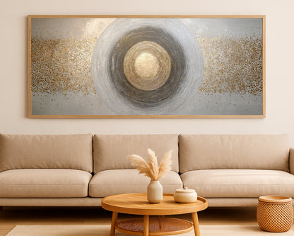 Wide neutral wall art with concentric circular lines, gold highlights, and soft gray atmosphere.