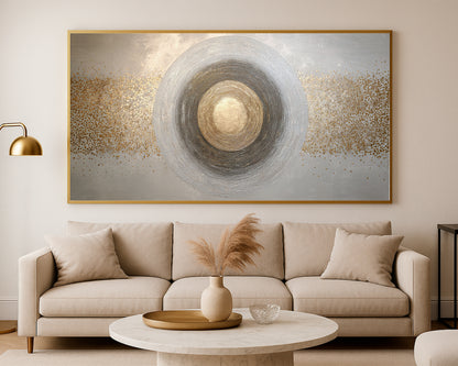 Refined circle abstract print with gold, silver, charcoal, ivory, and delicate speckled movement.