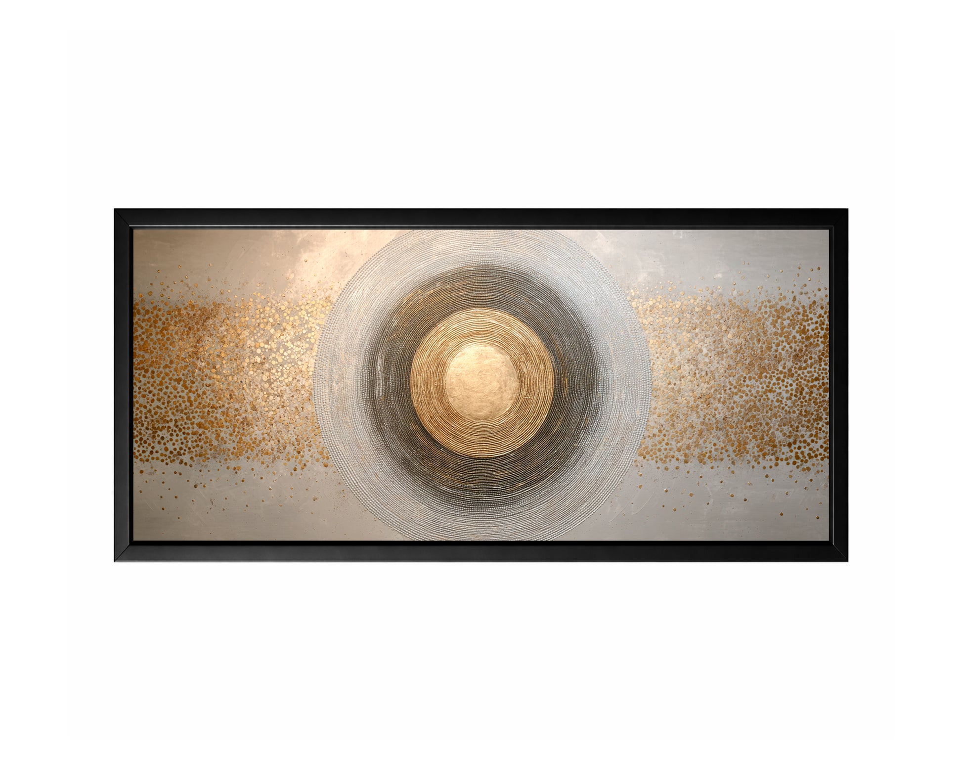 Gold and silver concentric circle wall art with gray, ivory, charcoal, and speckled metallic accents.
