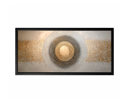 Gold and silver concentric circle wall art with gray, ivory, charcoal, and speckled metallic accents.