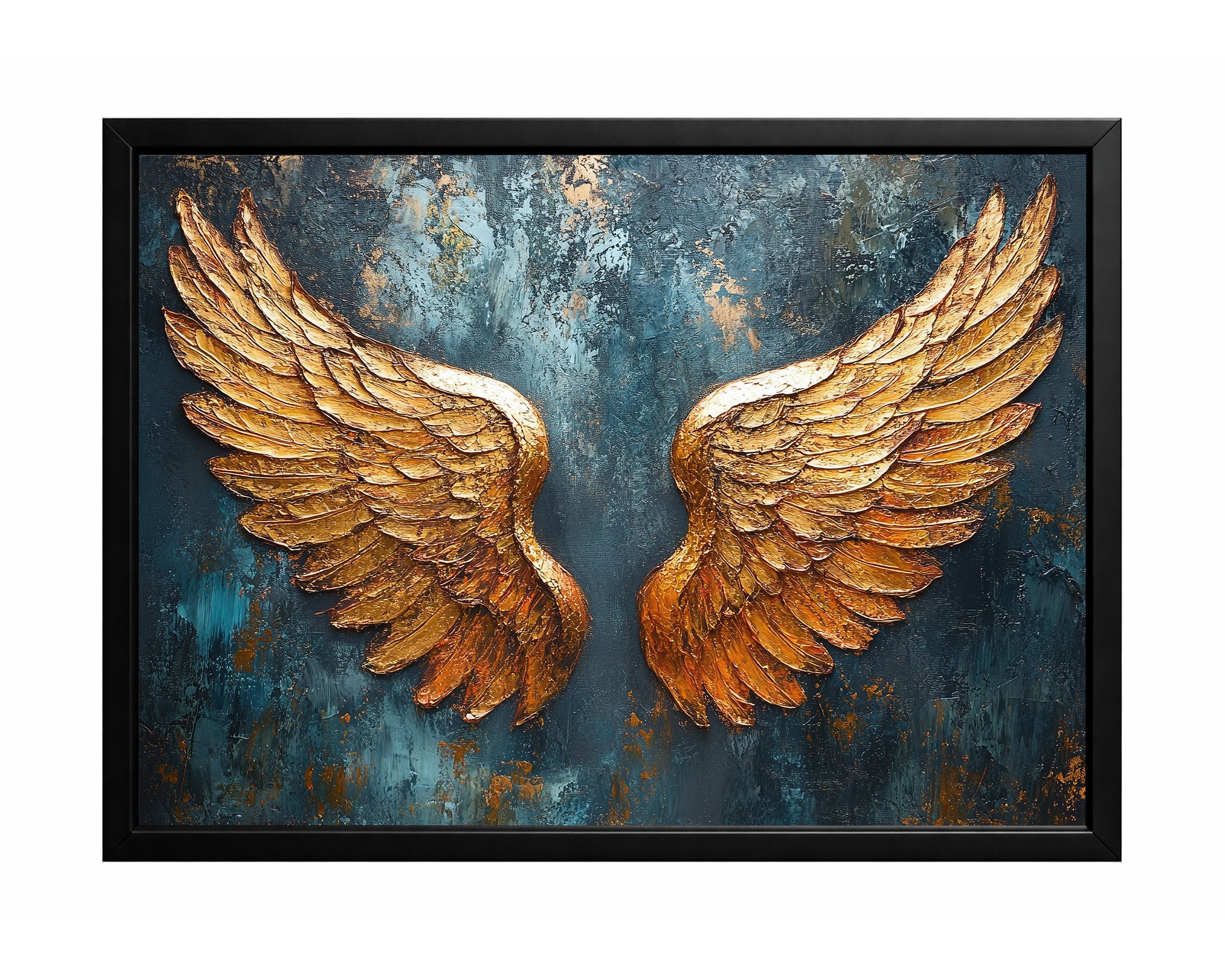 Gold angel wings wall art with layered feather texture on a deep teal and blue distressed background.