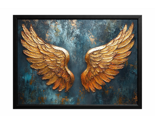 Gold angel wings wall art with layered feather texture on a deep teal and blue distressed background.