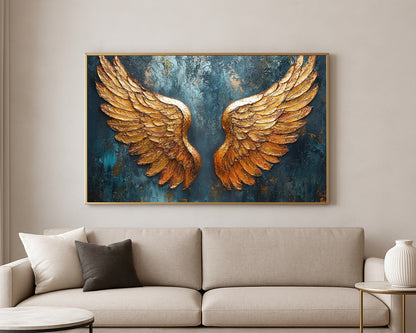 Decorative wing artwork featuring symmetrical golden wings with rich metallic detail against a moody textured backdrop.