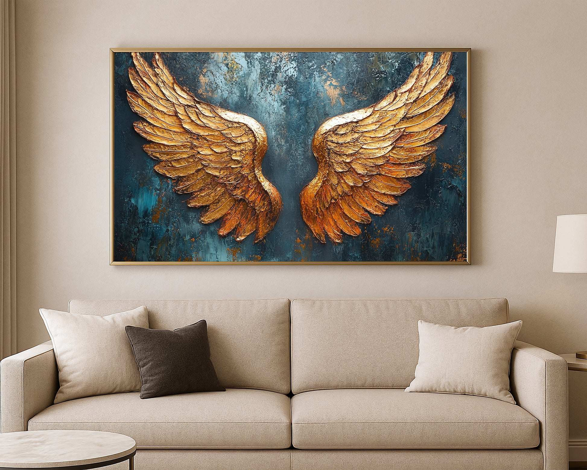Textured wall art of golden angel wings with sculpted feathers and warm metallic tones on a dark blue background.