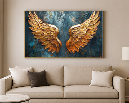 Textured wall art of golden angel wings with sculpted feathers and warm metallic tones on a dark blue background.