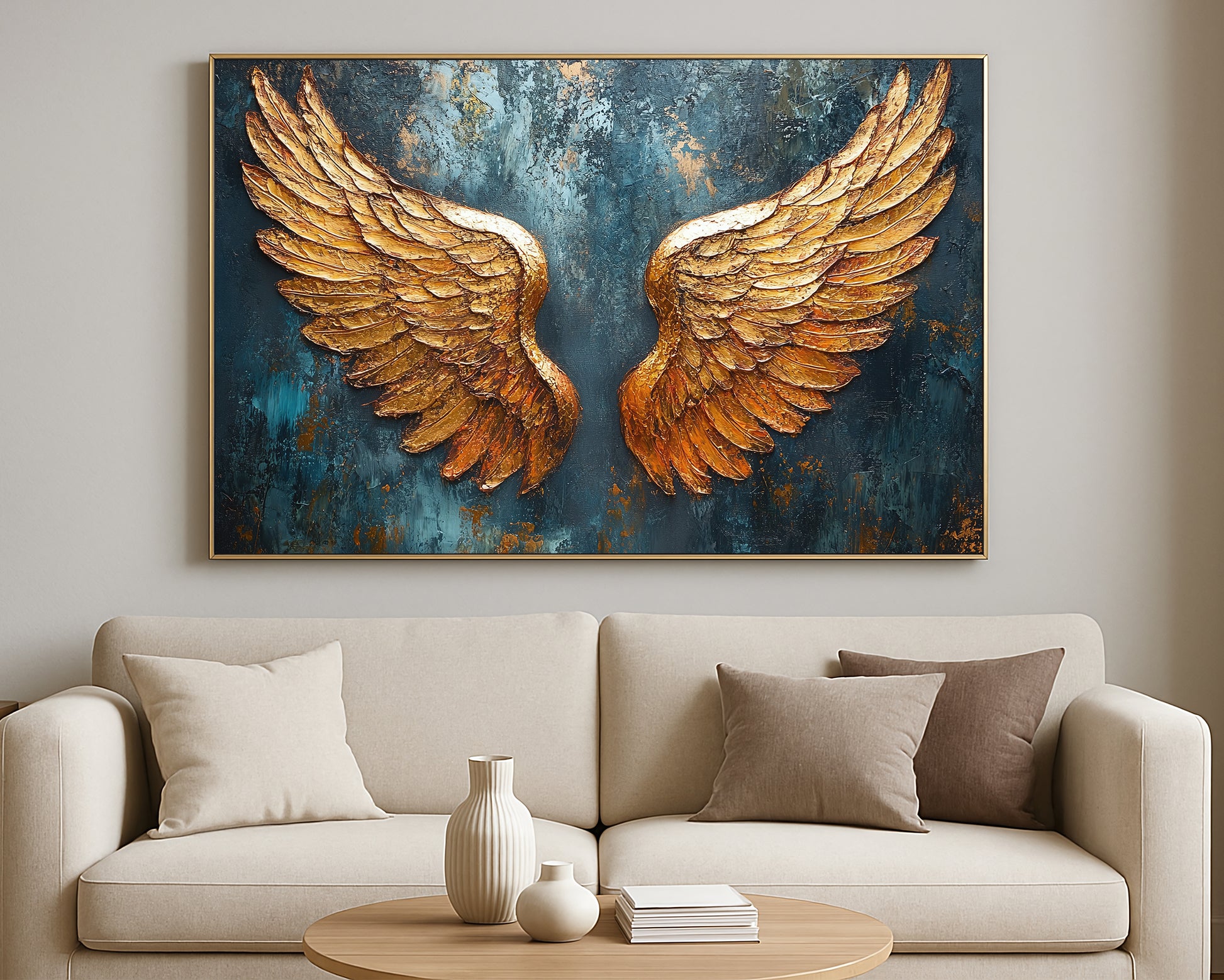 Symbolic wing painting showing a pair of luminous gold wings centered on a dramatic teal and navy textured surface.
