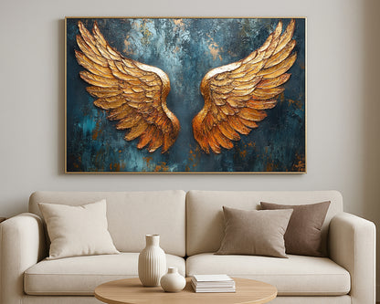 Symbolic wing painting showing a pair of luminous gold wings centered on a dramatic teal and navy textured surface.