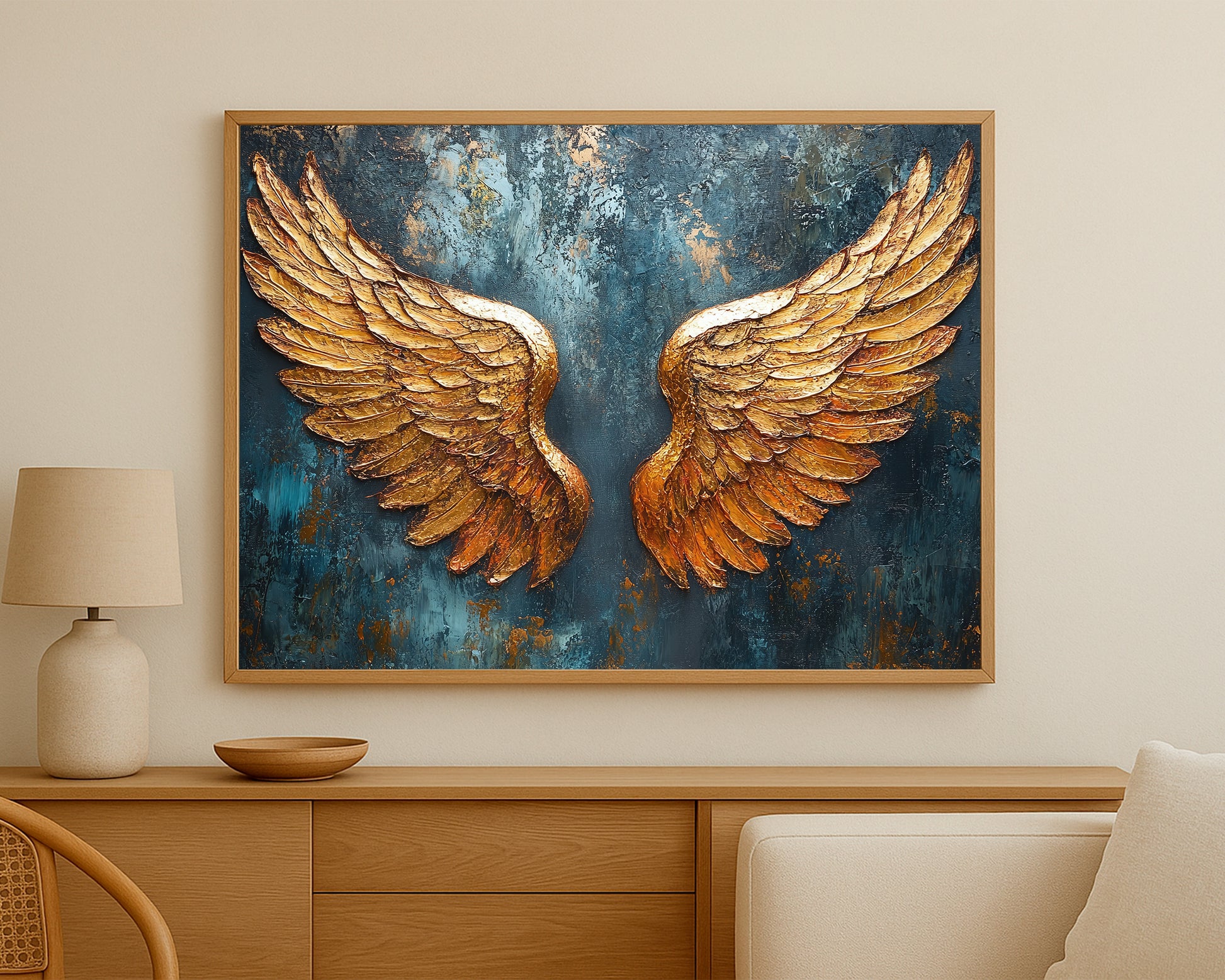 Elegant angel wings art print with detailed golden feathers and a moody blue-green background.
