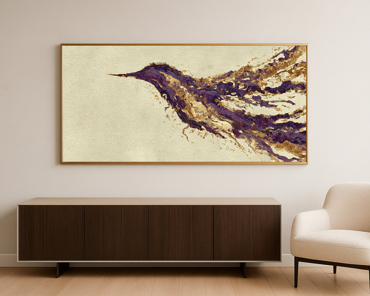 Panoramic bird wall art with a stylized hummingbird form, metallic-style gold detail, and cream textured surface.