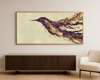 Panoramic bird wall art with a stylized hummingbird form, metallic-style gold detail, and cream textured surface.