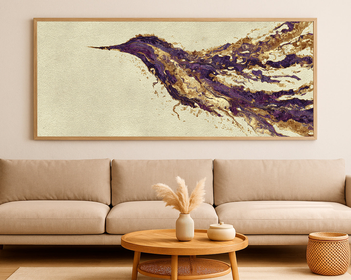 Elegant abstract animal print showing a hummingbird silhouette created from purple, brown, and gold painterly layers.