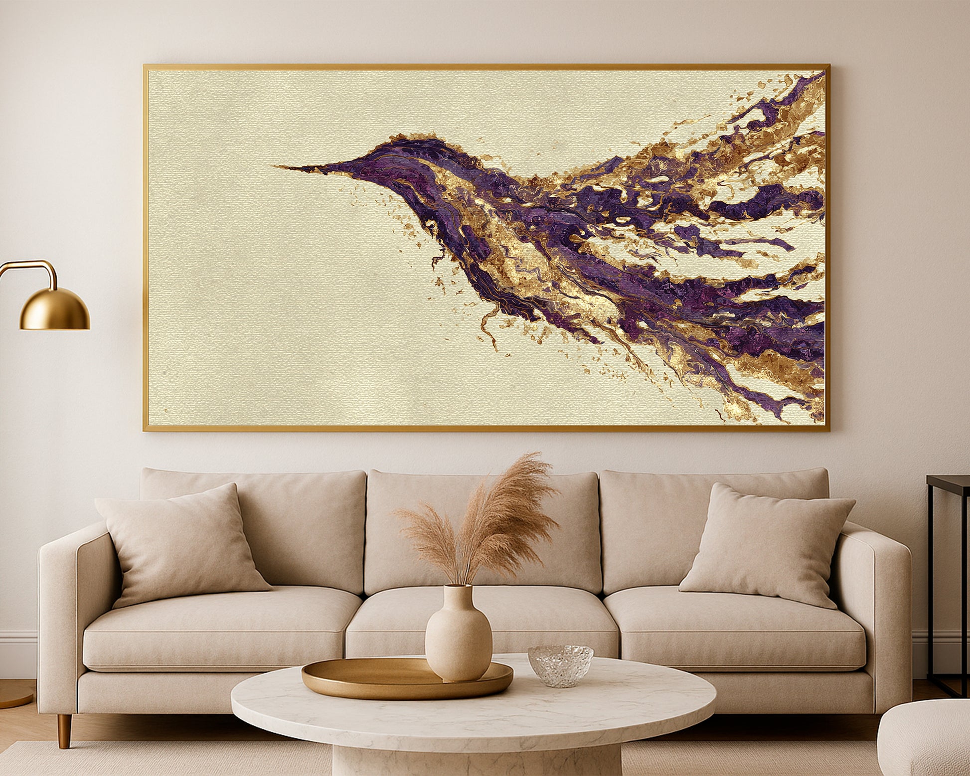 Textured hummingbird artwork with flowing horizontal motion, warm gold accents, and refined neutral background.
