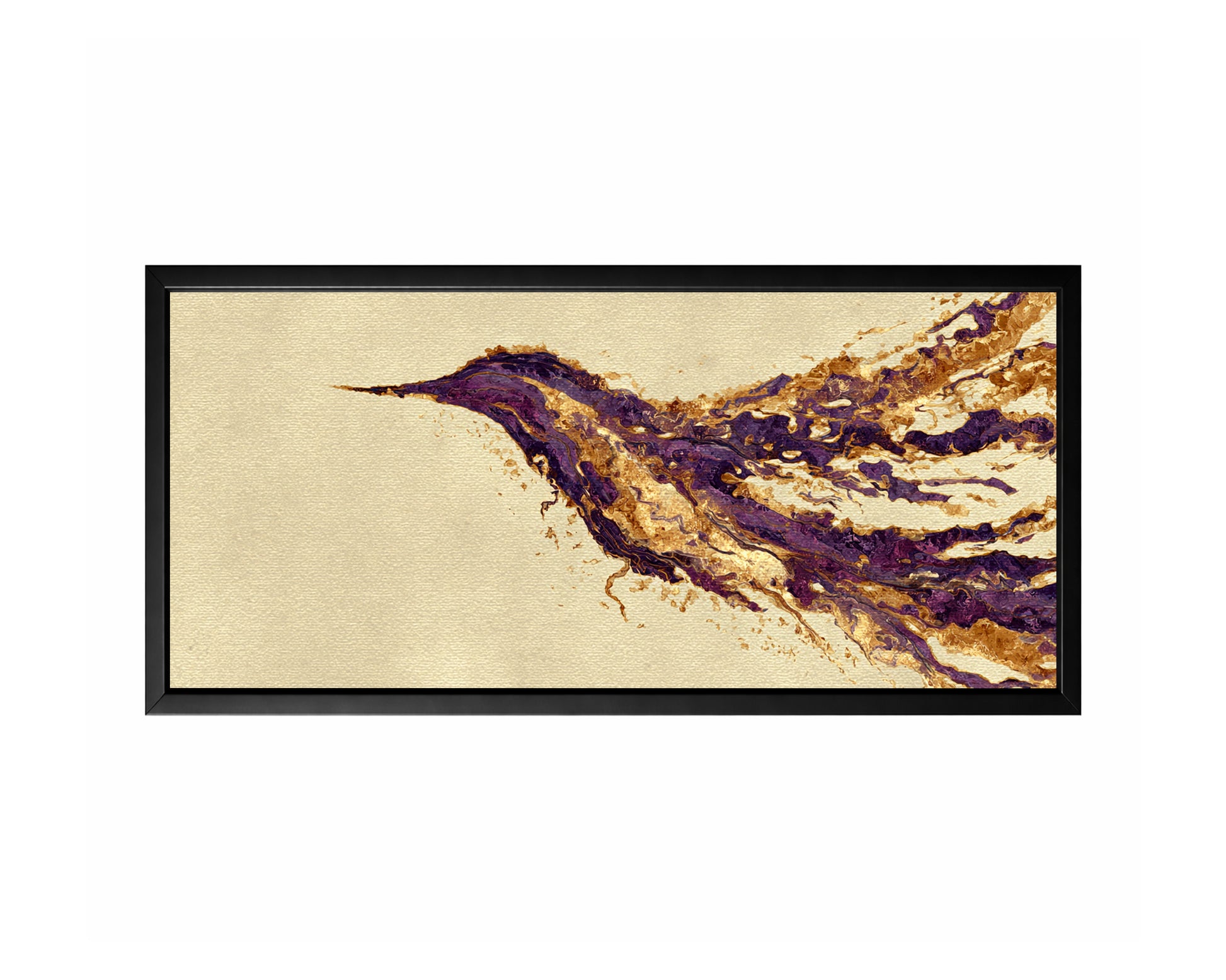 Abstract hummingbird panoramic wall art with purple and gold flowing texture on a soft cream background.
