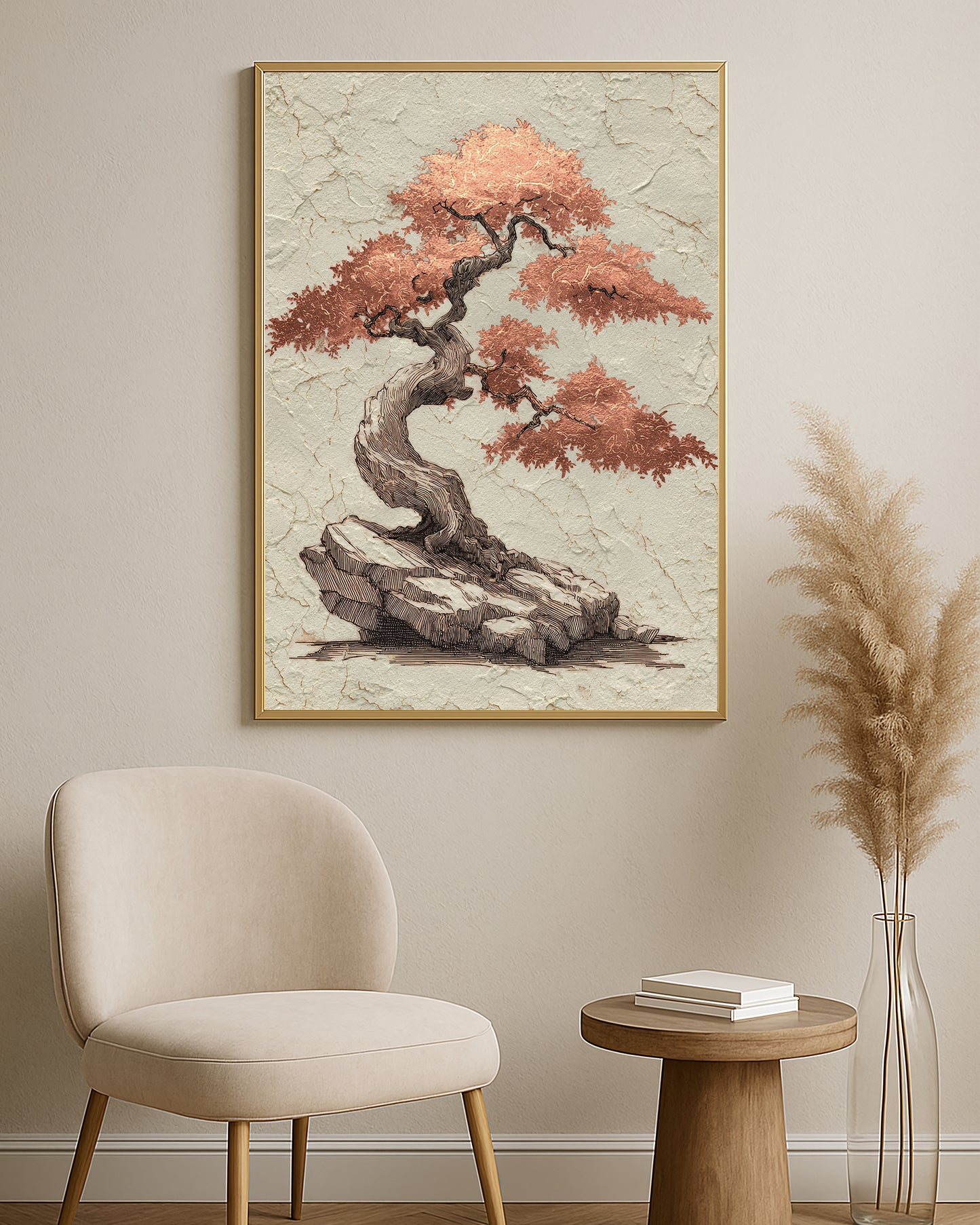 Japanese-inspired bonsai artwork featuring copper-toned foliage, dark linework, and aged plaster texture.
