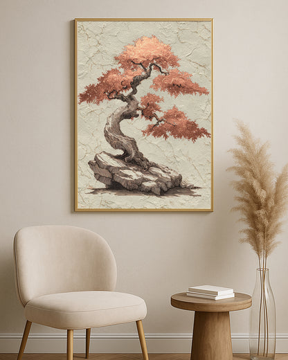 Japanese-inspired bonsai artwork featuring copper-toned foliage, dark linework, and aged plaster texture.