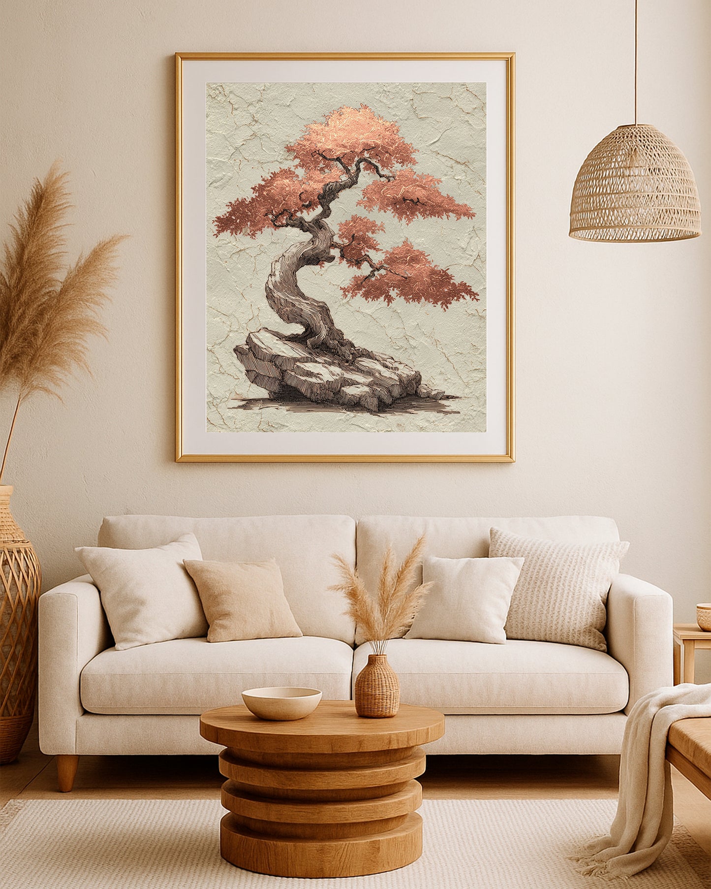 Textured bonsai tree print with sculptural trunk, rocky base, and warm beige neutral background.
