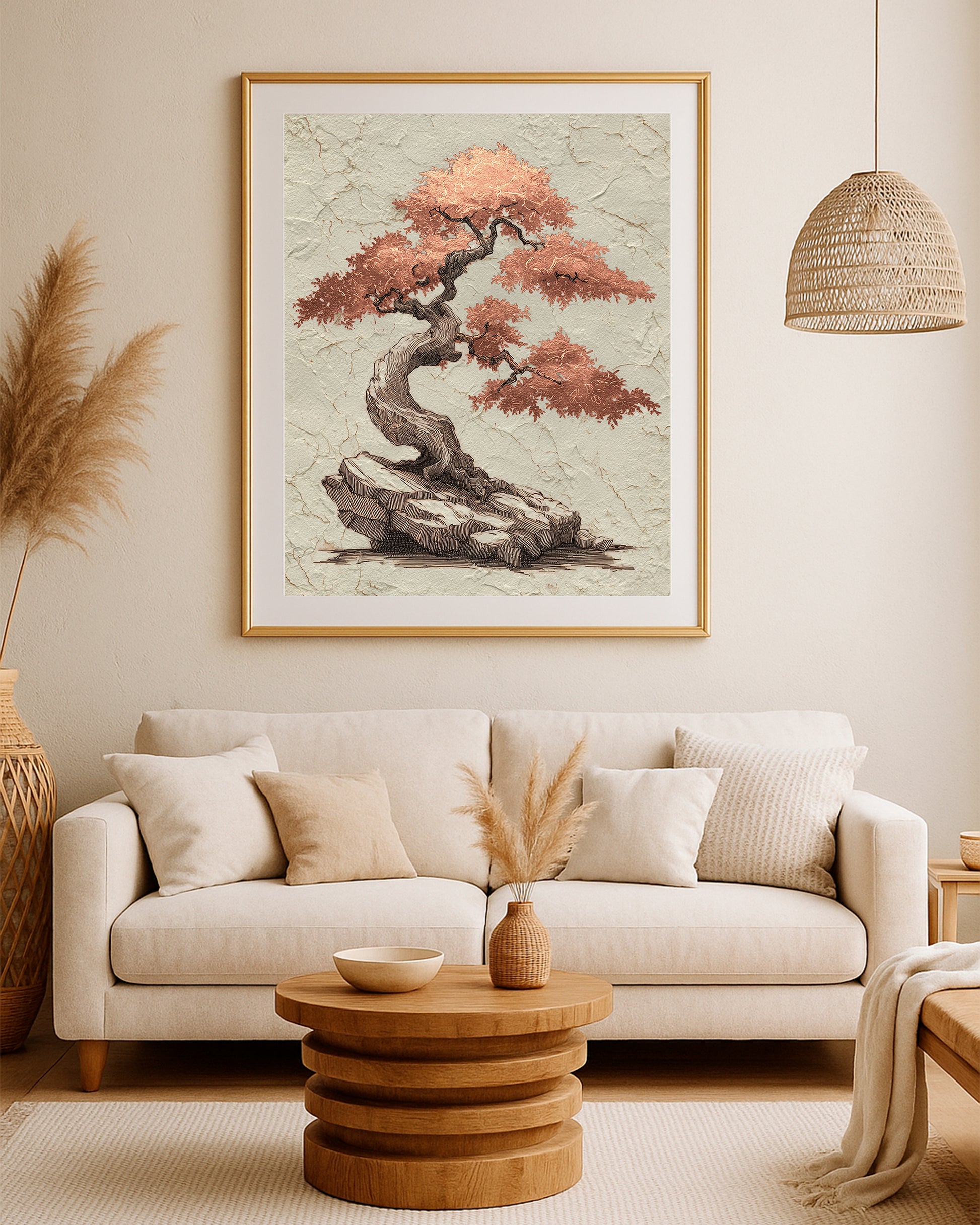 Textured bonsai tree print with sculptural trunk, rocky base, and warm beige neutral background.