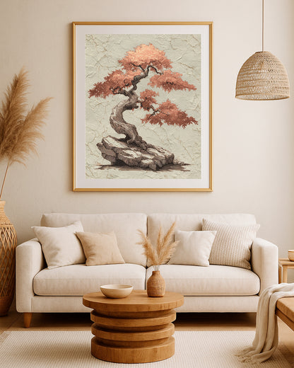Textured bonsai tree print with sculptural trunk, rocky base, and warm beige neutral background.