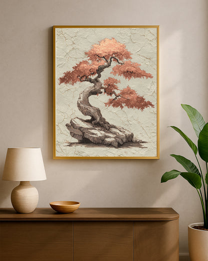 Elegant botanical wall art showing a copper bonsai tree on a cracked plaster-style surface.