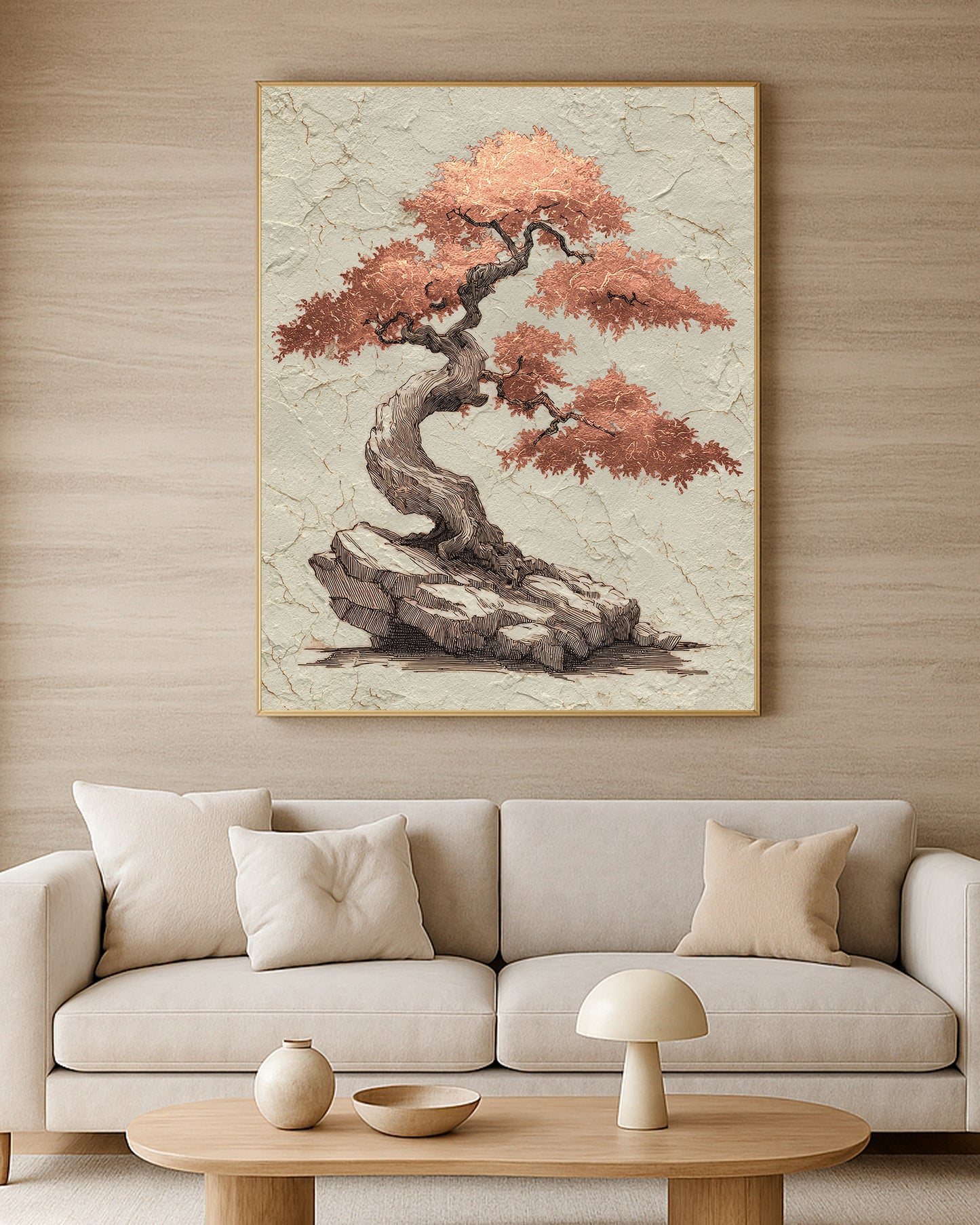 Warm neutral bonsai artwork with detailed tree branches, copper foliage, and refined textured background.