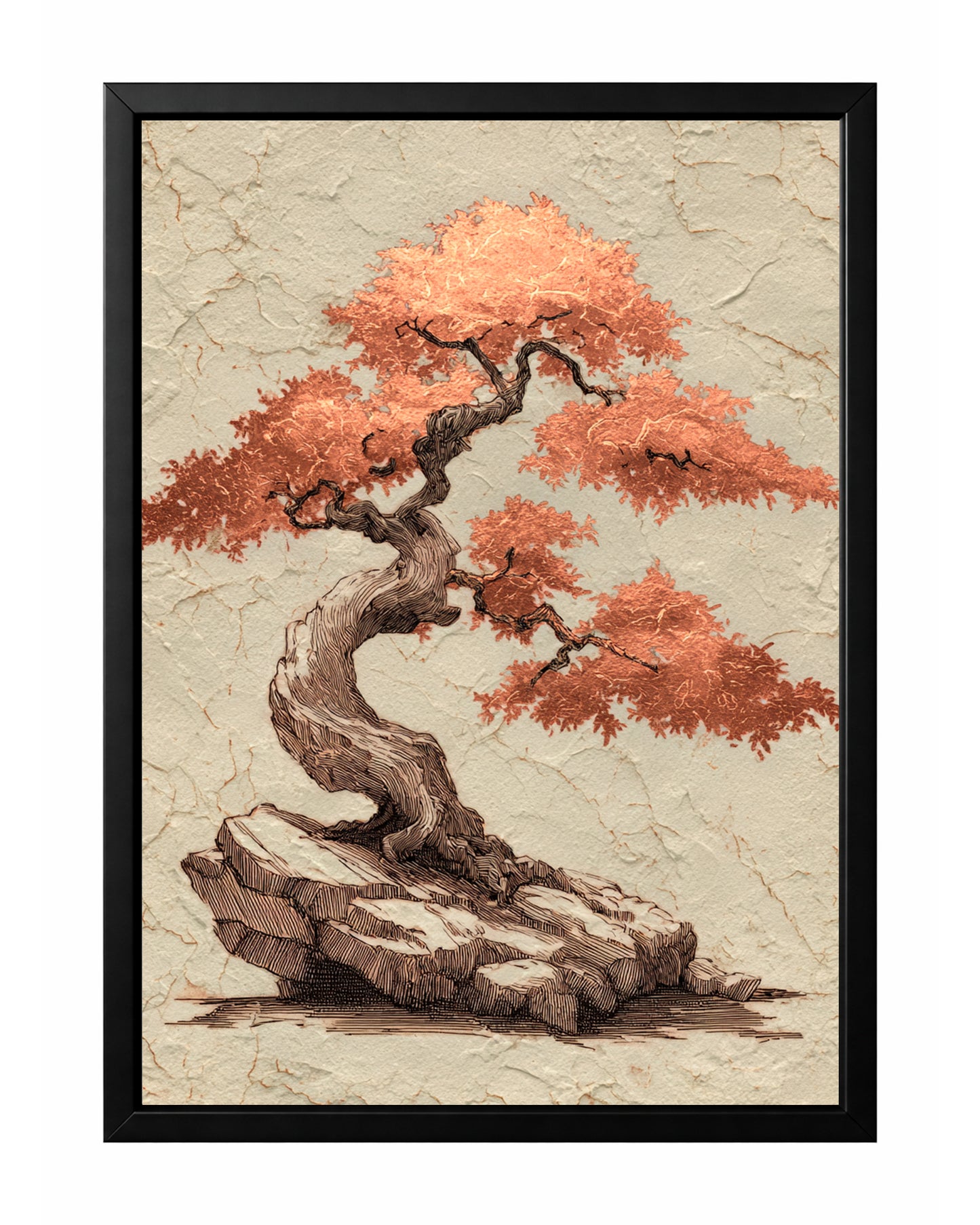 Copper bonsai tree wall art with twisted trunk, textured beige background, and warm botanical detail.