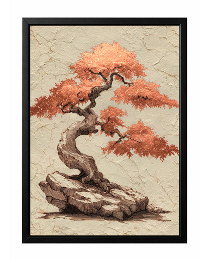 Copper bonsai tree wall art with twisted trunk, textured beige background, and warm botanical detail.