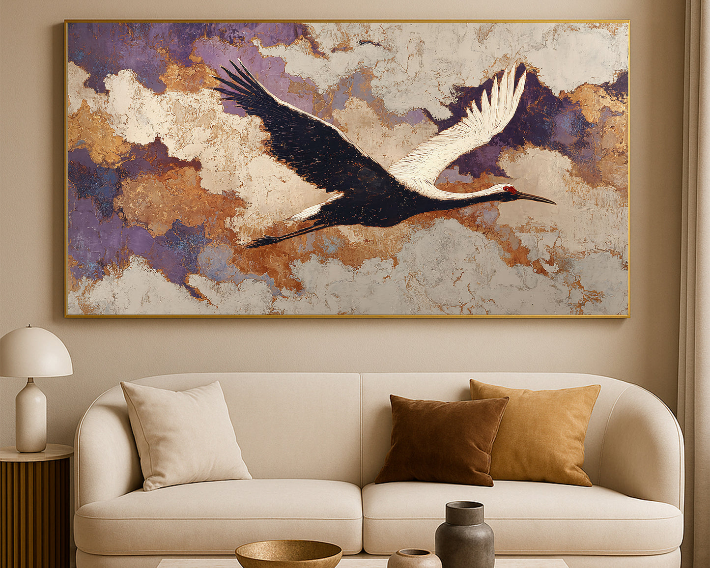Japanese-inspired crane artwork showing a long white bird flying across an abstract gold and muted purple backdrop.
