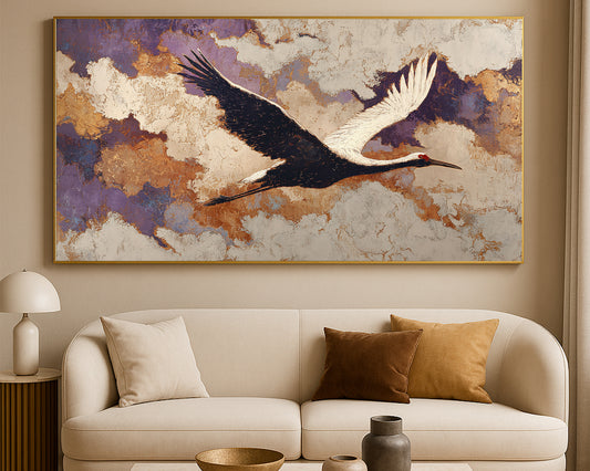 Japanese-inspired crane artwork showing a long white bird flying across an abstract gold and muted purple backdrop.